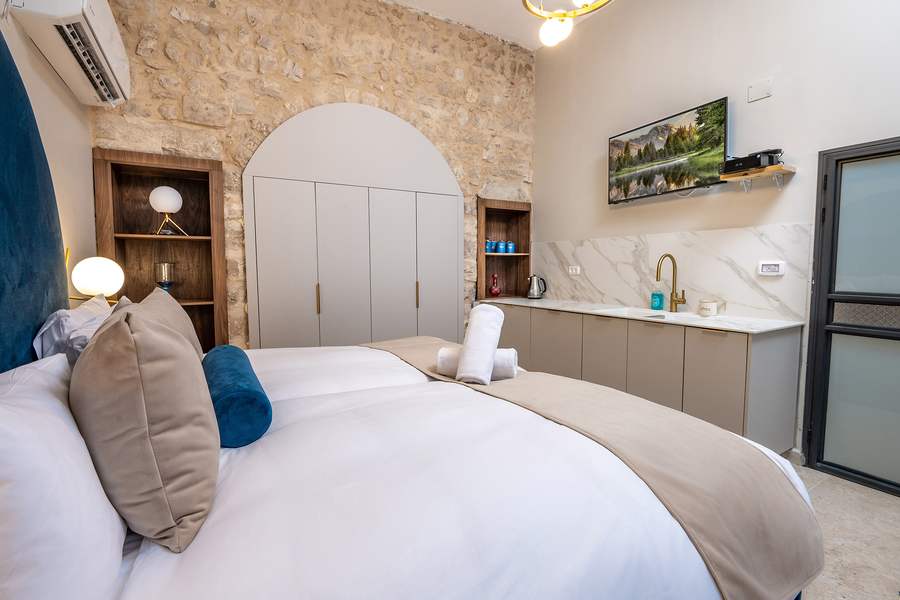 Suite bedroom with kitchenette and TV